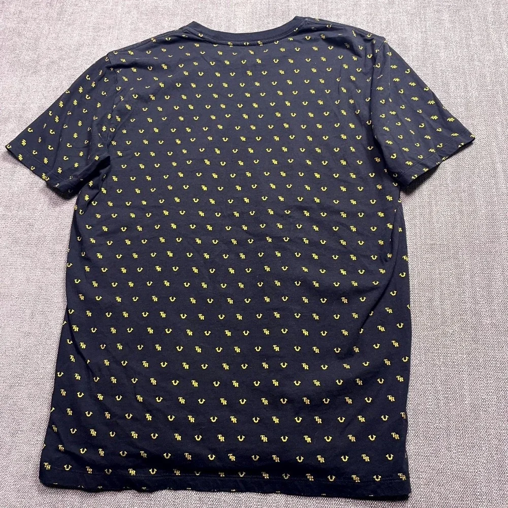 True Religion T Shirt Mens L Navy Blue Allover Monogram Short Sleeve Crew Neck